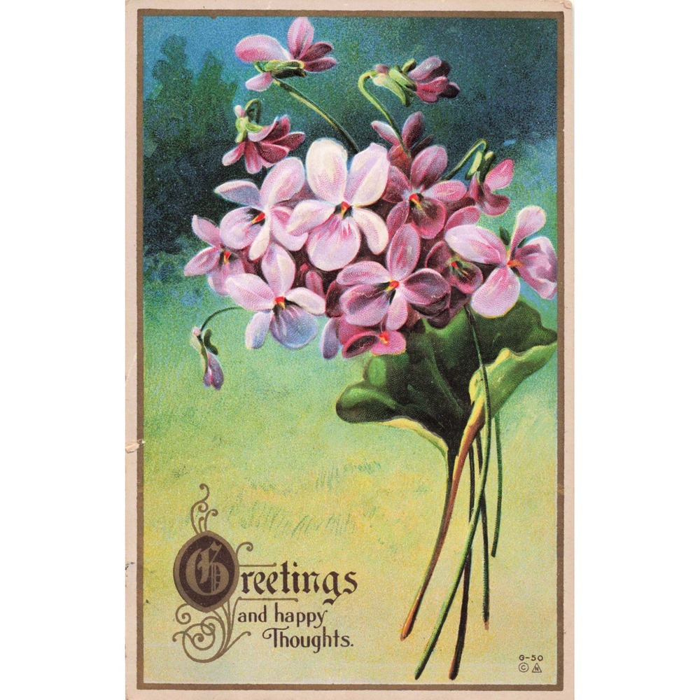 Antique 1915 Embossed Postcard Purple Violets Greetings Altamont IL Postmark - Picture 1 of 2